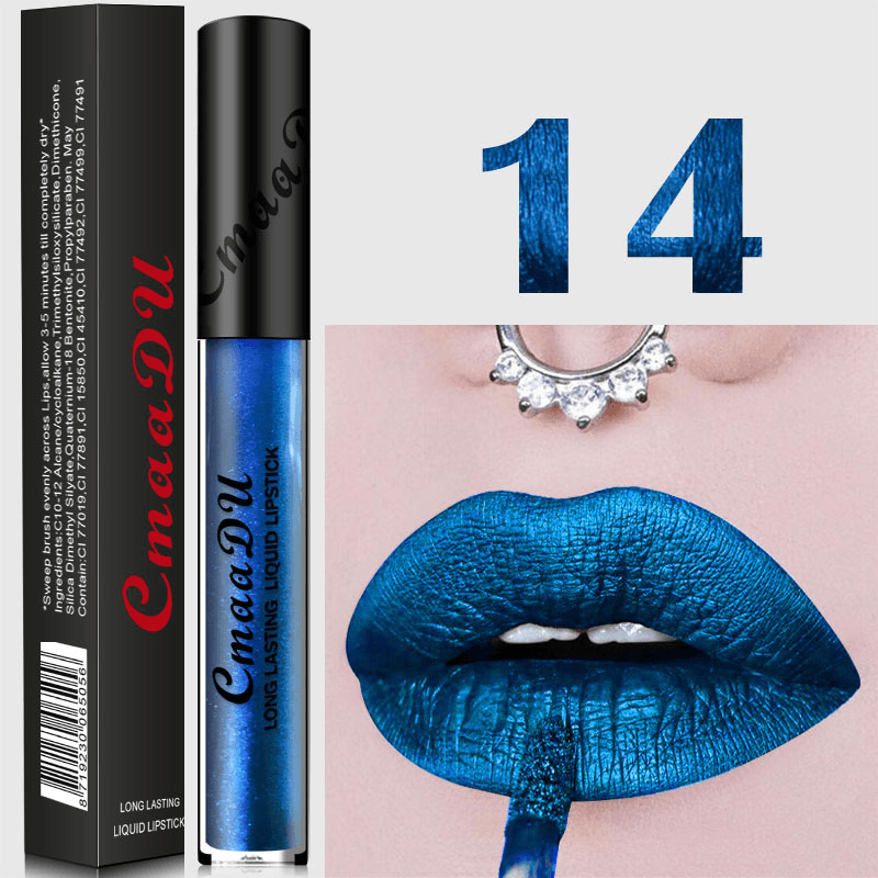 Cmaadu Metal Mate Brillo de labios Maquillaje Lápiz labial Lentejuelas sexy Impermeable Cosmético azul de larga duración