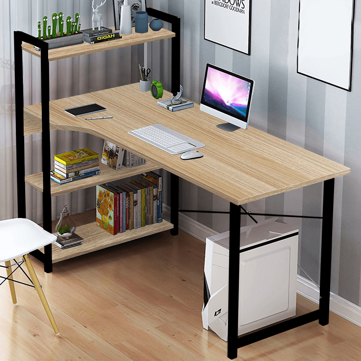 Escritorio para ordenador portátil, escritorio para escribir, mesa de estudio, estantería, estación de trabajo de escritorio con estantes de almacenamiento, muebles de oficina para el hogar