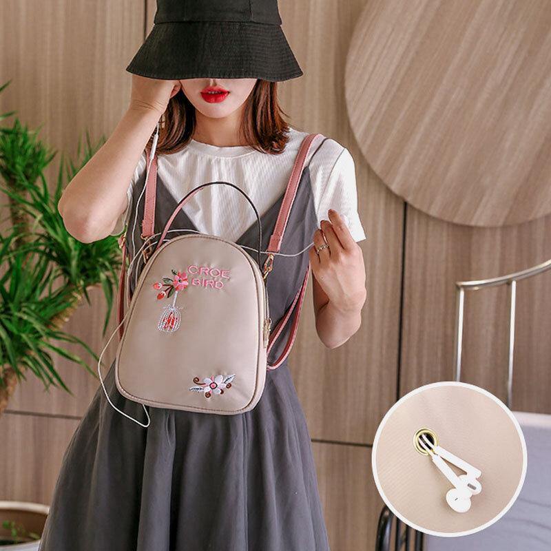 Women Oxford Embroidery Ethnic Multi-carry Earphone Backpack Shoulder Bag Handbag