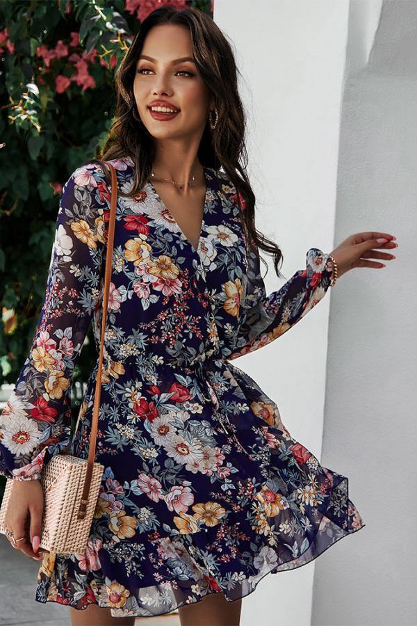 Floral Ruffled Hem Wrap Dress