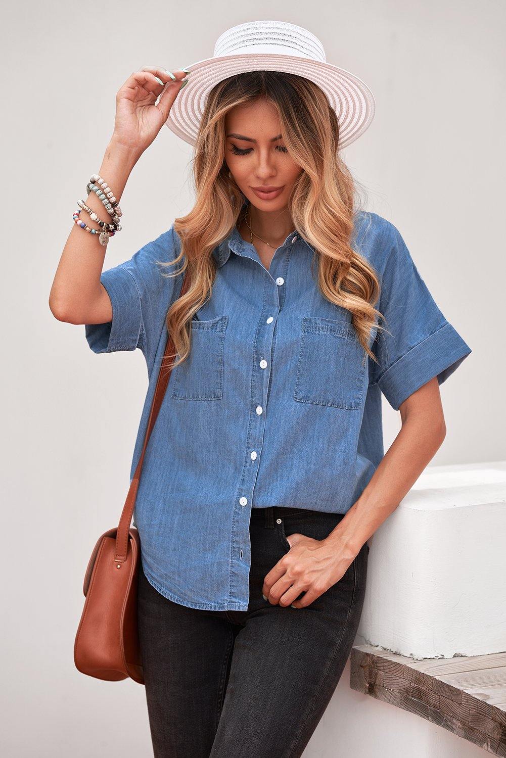 Collar Short Sleeve Denim Shirt