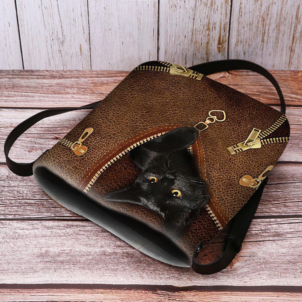 Bolso de hombro tipo bandolera con estampado de gato negro de dibujos animados en 3D bonito informal de fieltro para mujer 