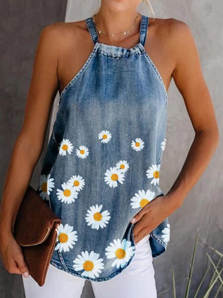 Gänseblümchen-Blumendruck-Neckholder-Damen-Casual-Denim-Tanktops 