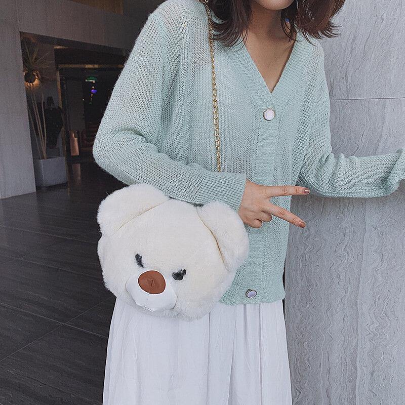 Women Cute Plush Bear Chains Shoulder Bag Crossbody Bag