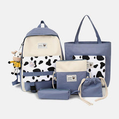 5 PCS Canvas Preppy Cow Pattern Multifunction Combination Bag Backpack Tote Crossbody Bag Clutch Wallet