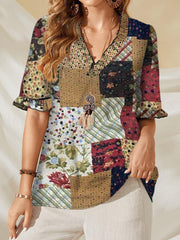 Lässige Bluse aus 100 % Baumwolle mit Patchwork-Aufdruck für Damen 