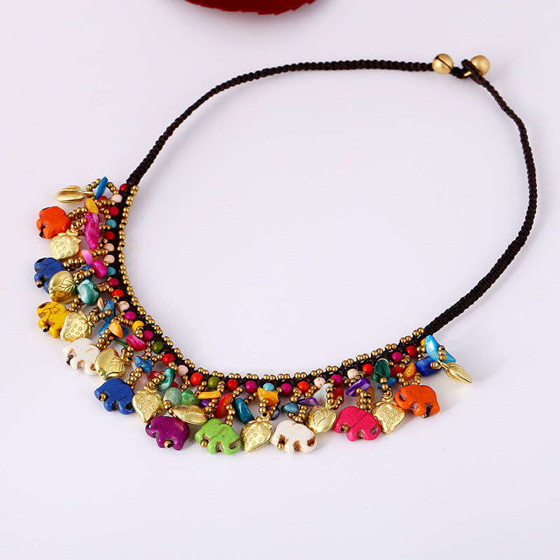 Boho style semi-precious stone necklace Thai wax thread braided clavicle chain women