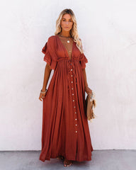 Drawstring Long Skirt Sunscreen Shirt Beach Blouse V-Neck Dress