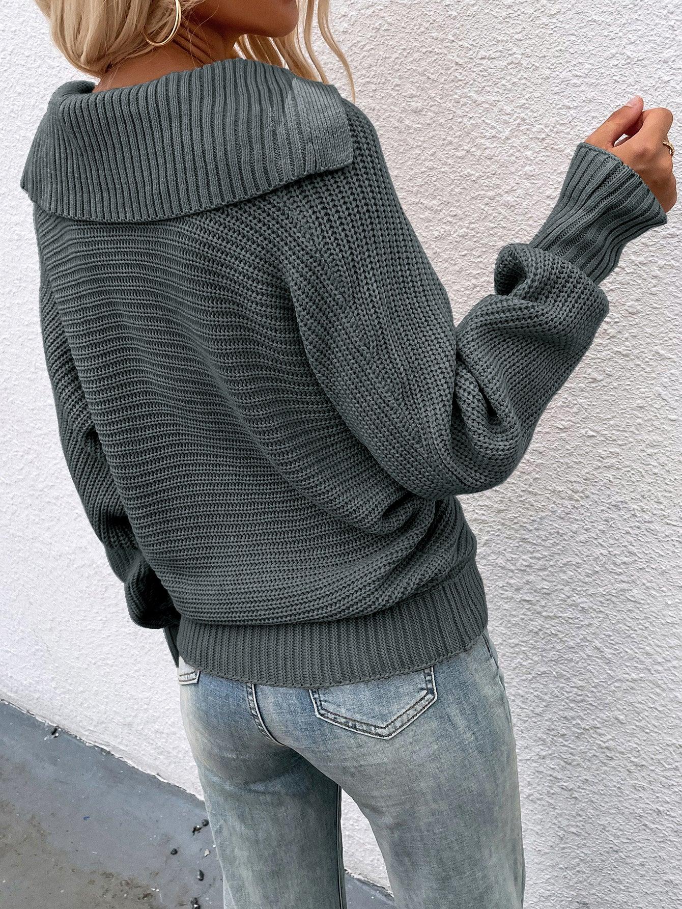 Collared Lantern Sleeve Rib-Knit Sweater