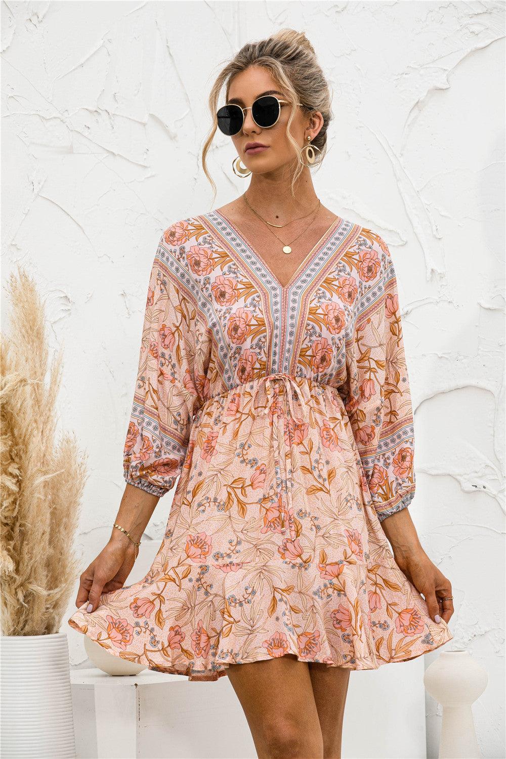 Printed Lantern Sleeve V Neck Dress