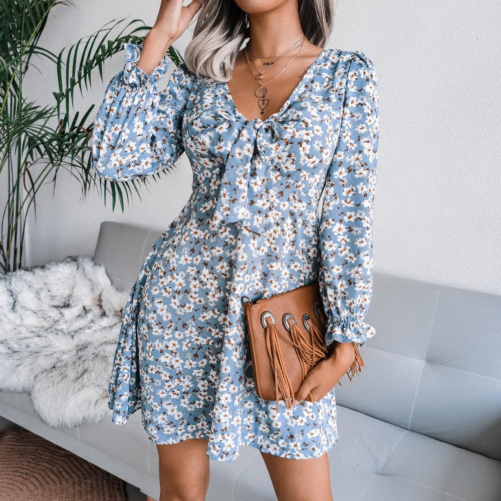 Floral Bow Detail Flared Sleeve Mini Dress