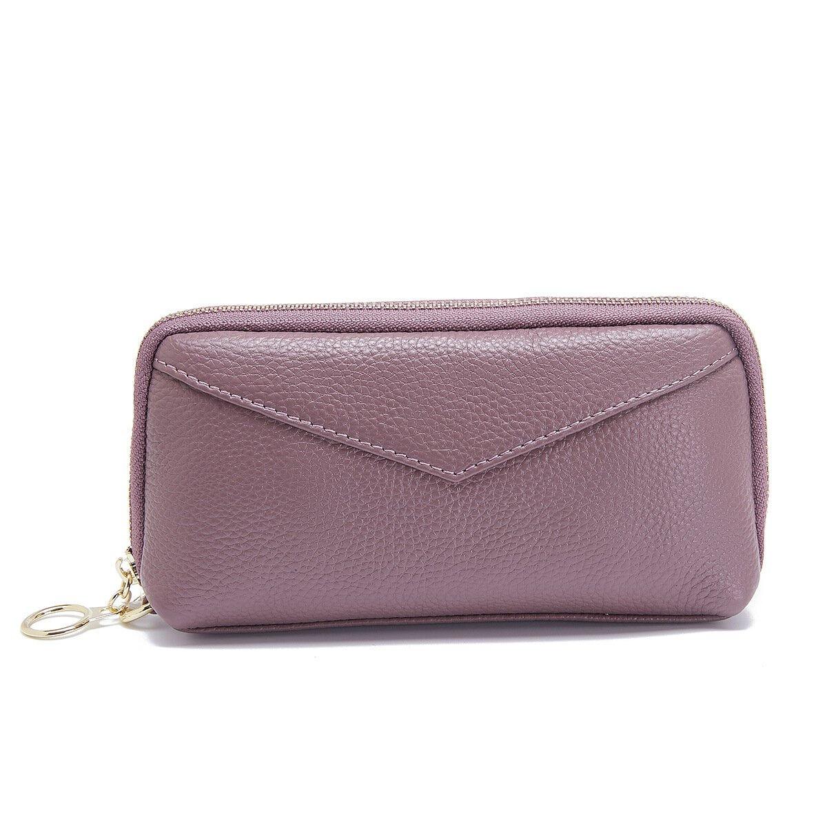 Bolso de mano de cuero genuino para mujer Cartera larga con cremallera Monedero de dos pliegues 