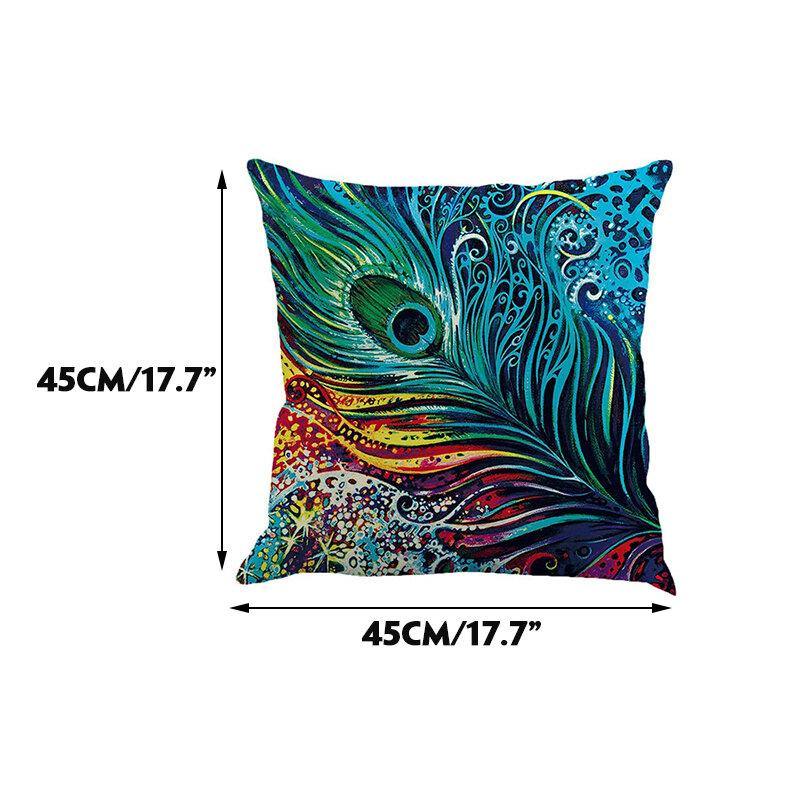 Linen Cushion Cover Peacock Feather Throw Pillow Case Home Sofa Cover