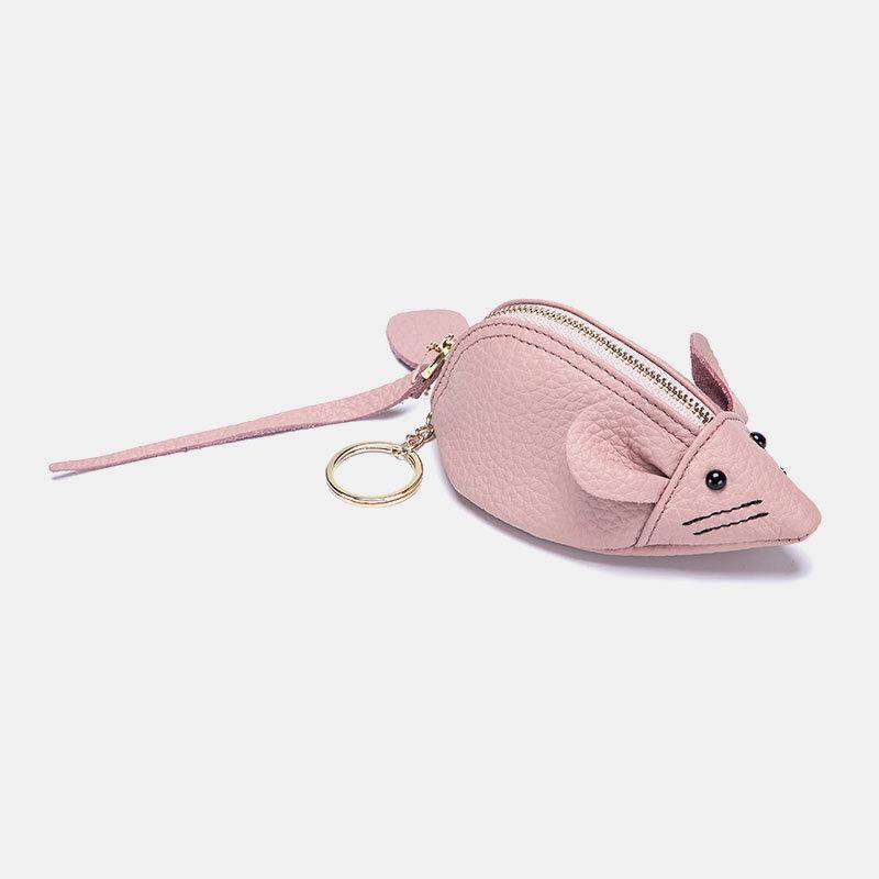 Women Genuine Leather Casual Cute Animal Mouse Pattern Mini Keychain Coin Bag Storage Bag