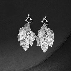 S925 silver literary fresh leaf earrings ethnic style ear clips