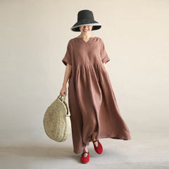 Coffee Loose Style Linen Dresses, Summer long Women Dresses ,Short Sleeve Maxi Dress 90423