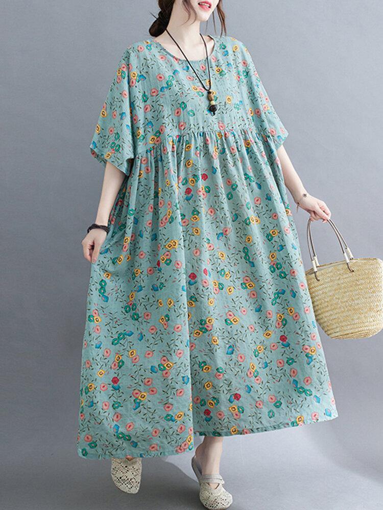 Casual Floral Printed Loose Fit O-Neck Maxi Dress For Women