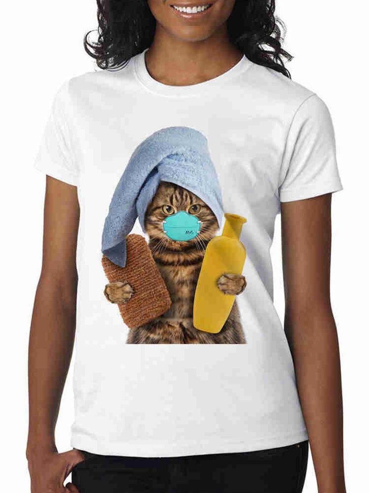 Niedliche Cartoon-Masken-Katzen-Druck-Sommer-Kurzarm-Freizeit-T-Shirts 