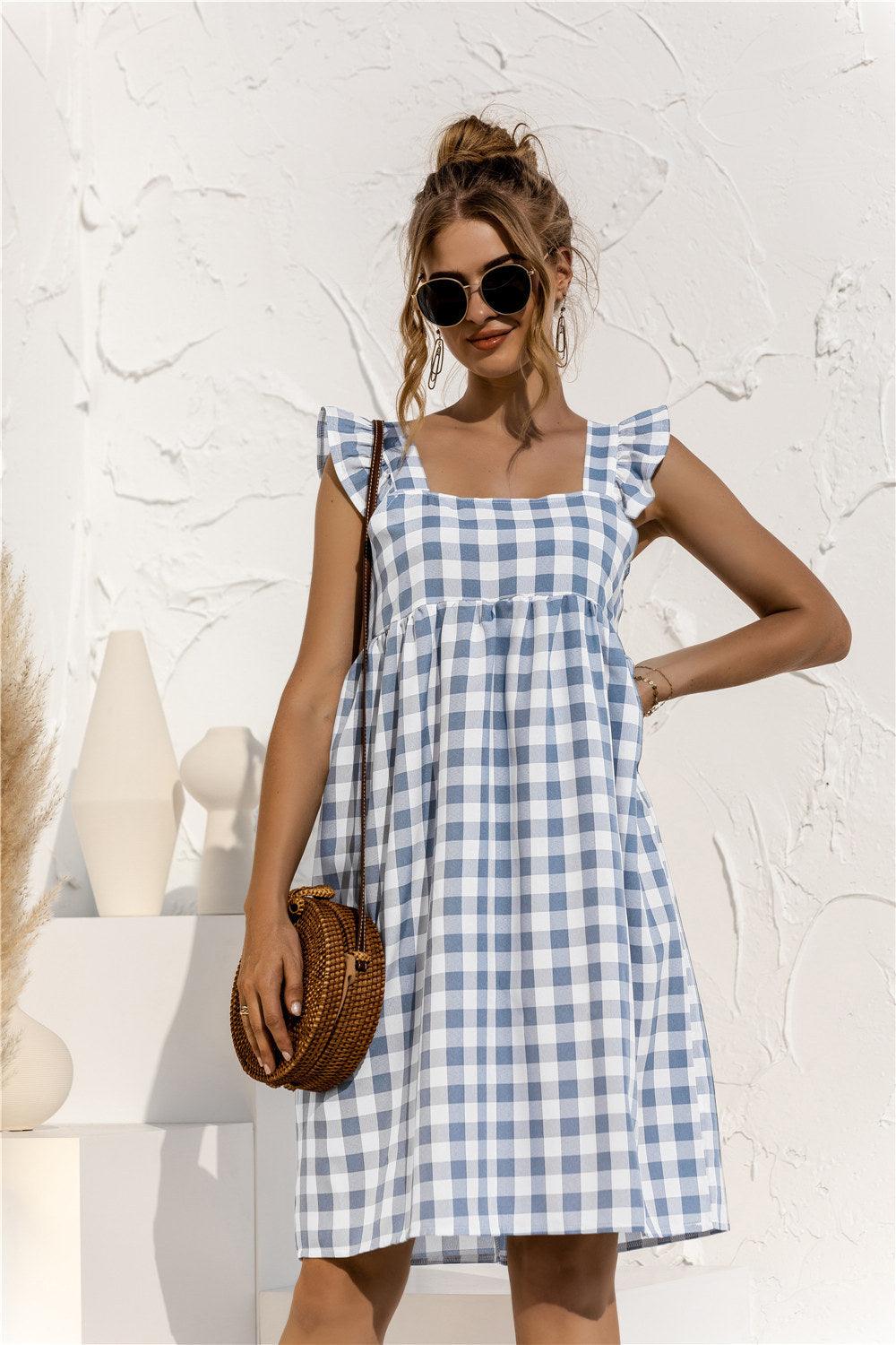 Plaid Ruffle Sleeve Square Neck Dress