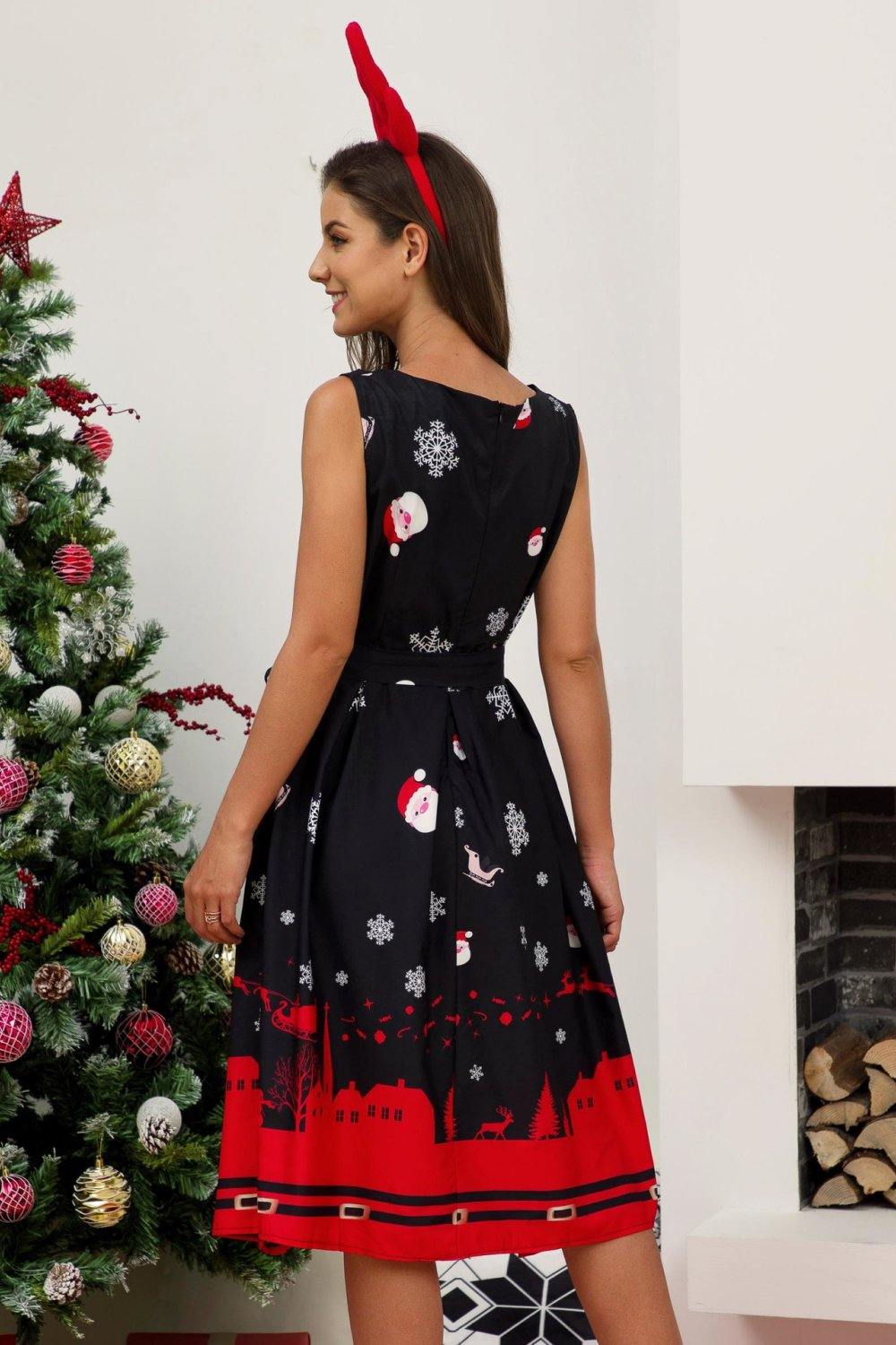 Christmas Print Tie Waist Dress