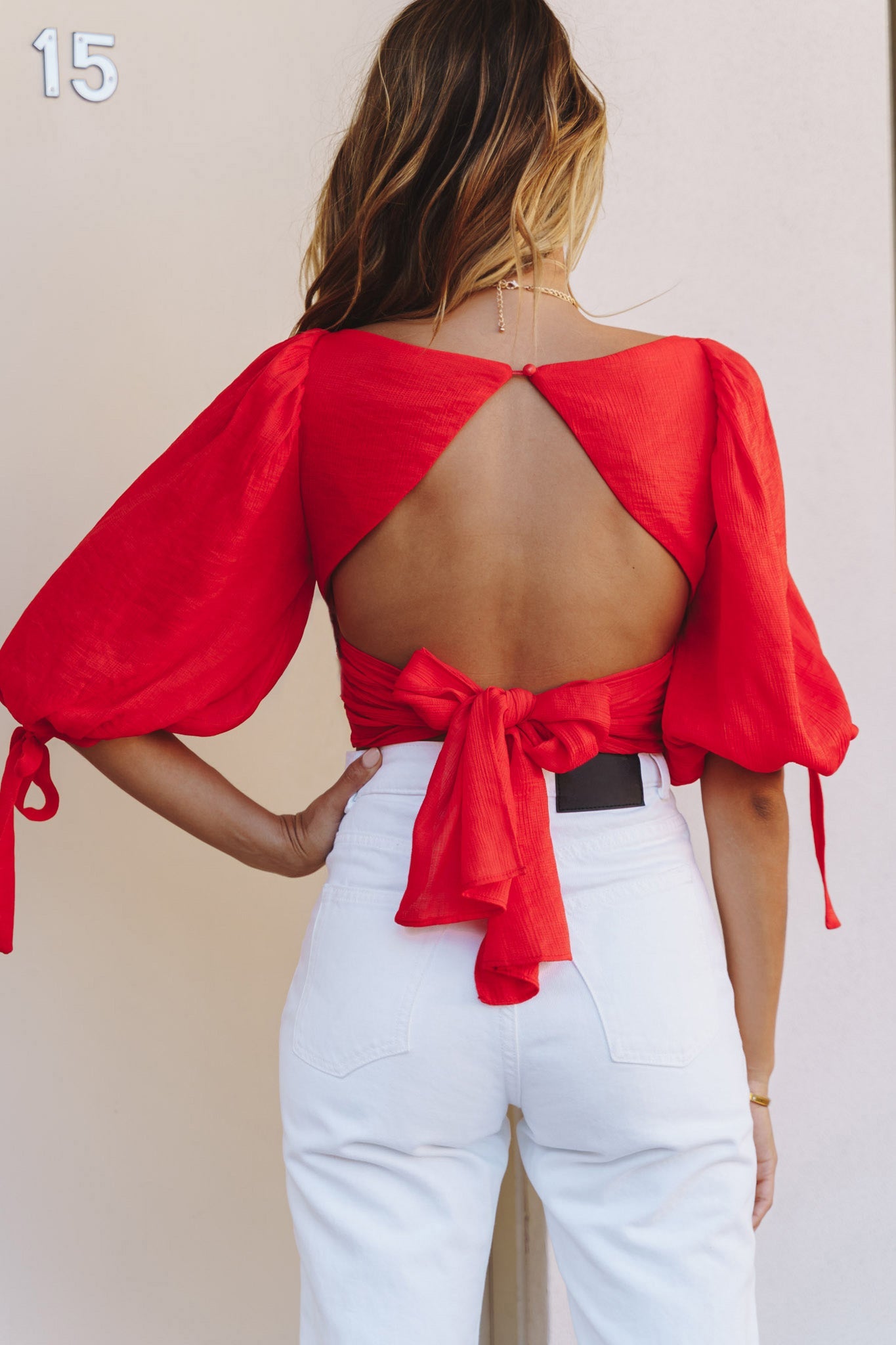 Make Memories Balloon Sleeve Molded Bust Crop Top Red