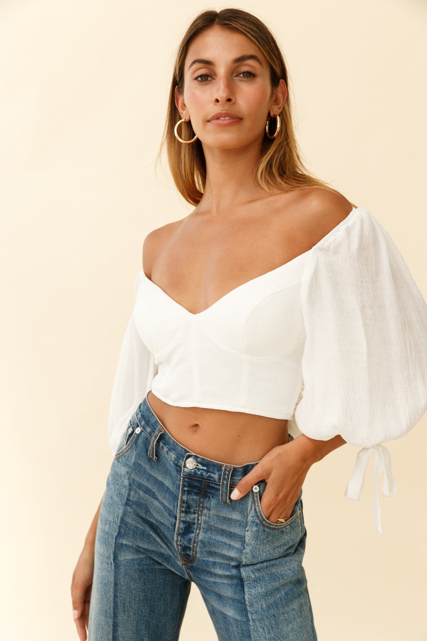 Make Memories Balloon Sleeve Molded Bust Crop Top White