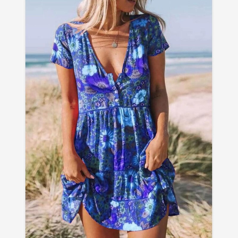 New Women's Printed V-Neck Short-Sleeved Dress