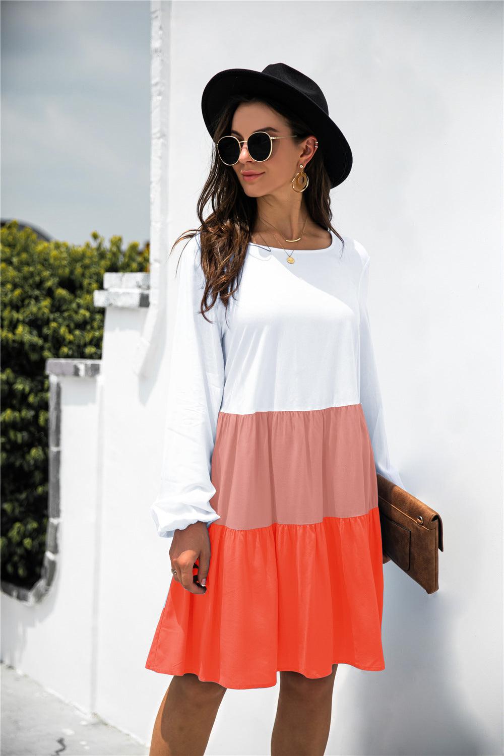 Color Block Long Sleeve Tiered Dress