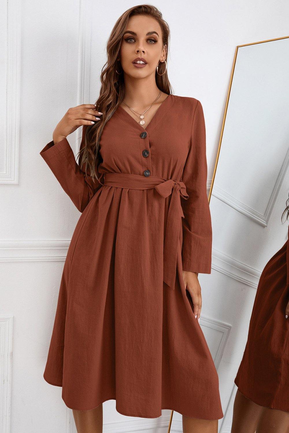 Half Button Tie Waist Dress