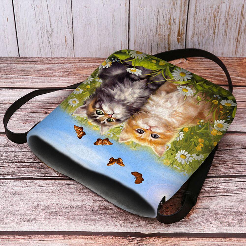 Bolso de hombro tipo bandolera con estampado de gatos de dibujos animados de estilo rural de fieltro para mujer 