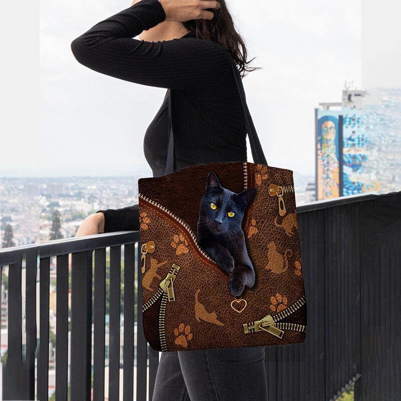 Las mujeres sintieron lindo 3D tridimensional de dibujos animados gato negro patrón bolso de hombro bolso de mano 