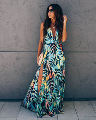 Mid-sleeve V-neck printed slim dress maxi