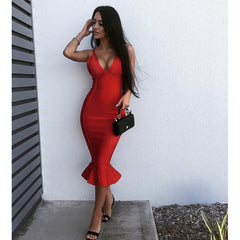 V-neck bandage fishtail dress