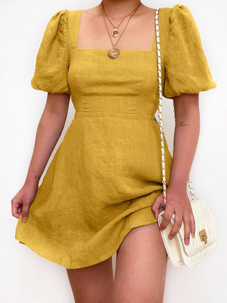 Casual Plain Square Neck Puff Sleeve A-line Mini Dress