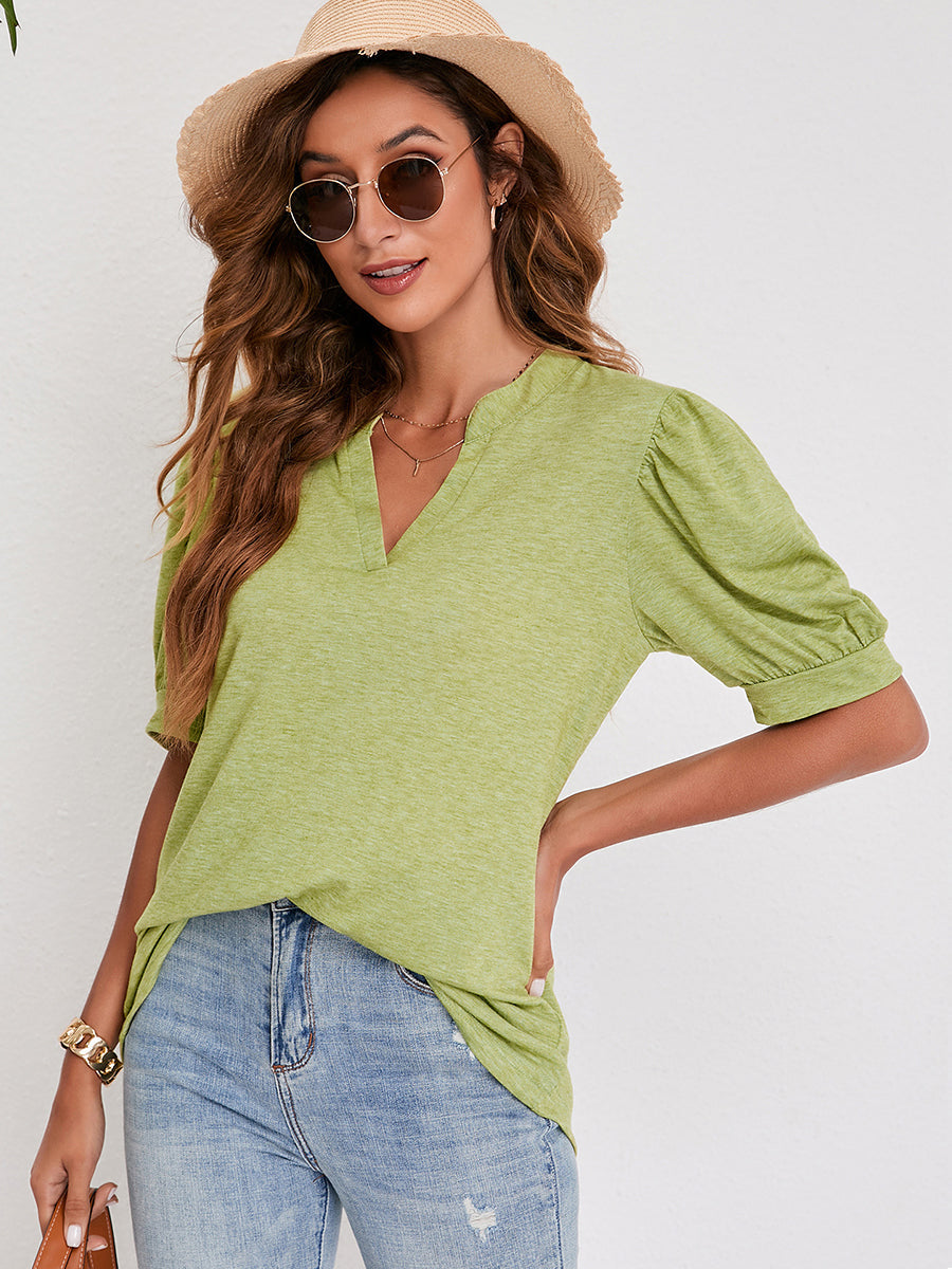 Women's T-Shirts V-Neck Solid Color Puff Sleeve Loose T-Shirt