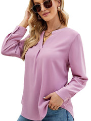 Women’s T-Shirts Solid Color Chiffon Loose V-Neck Long Sleeve T-Shirt