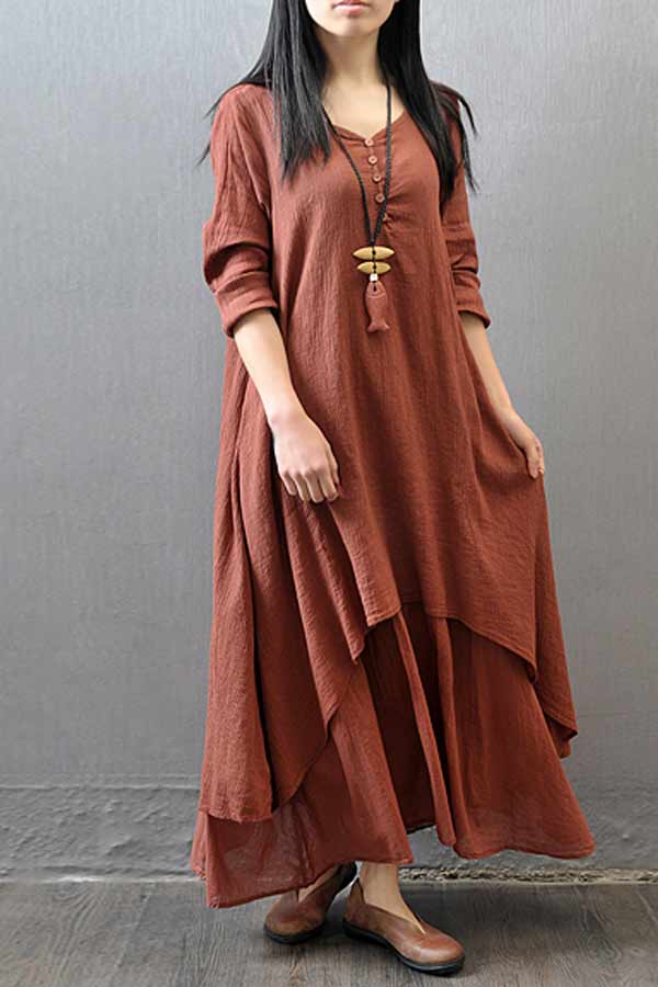 Vintage Women Casual Loose Dress Solid Long Sleeve Boho Ethnic Long Maxi Dresses