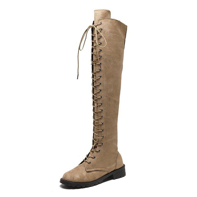 Oberschenkelhohe Stiefel ohne Absatz, Winter-Schnürstiefel mit Reißverschluss für Damen über dem Knie