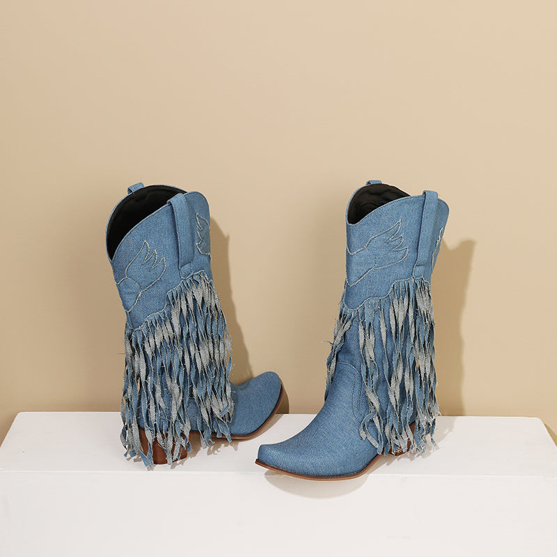 Womens Fringe Denim Western Cowboy Short Boots