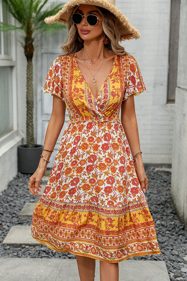 Bohemia Print V Neck Short Sleeve Casual Dress