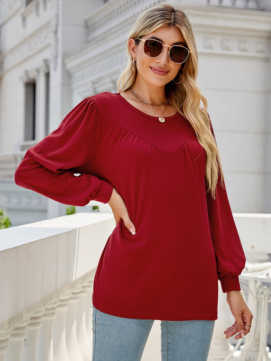 Women’s T-Shirts Lantern Sleeve Round Neck Long Sleeve Casual T-Shirt