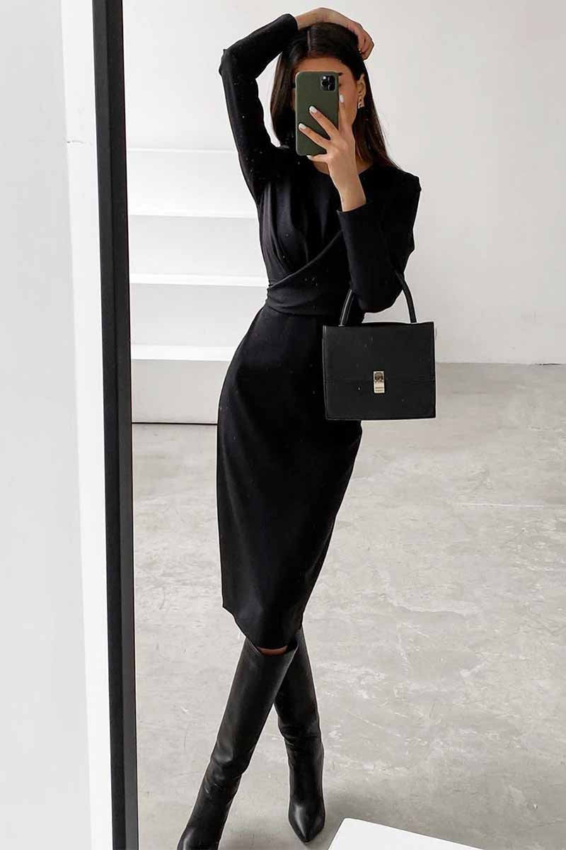 Fashion Long Sleeve Waist Midi Dress