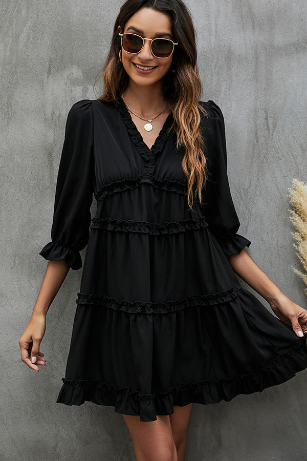 Black and Ruffled V Neck Mini Dress