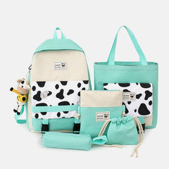 5 PCS Canvas Preppy Cow Pattern Multifunction Combination Bag Backpack Tote Crossbody Bag Clutch Wallet