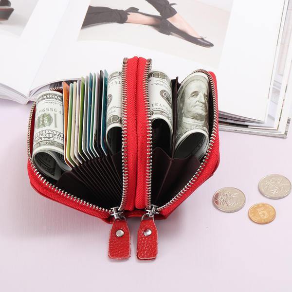 Genuine Leather RFID Double Zipper 11 Card Holder Coin Bag