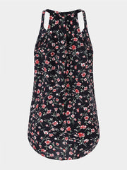 Black Floral Print Halter V-neck Sleeveless Tank Top