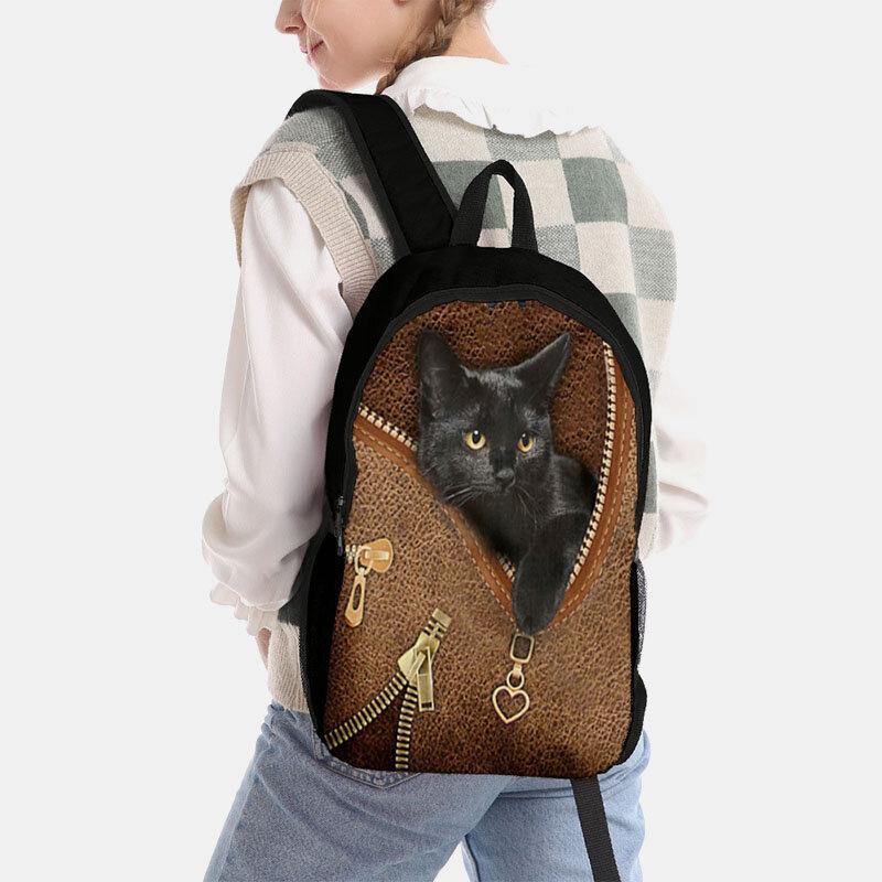 Frauen Oxford Patchwork Große Kapazität Cartoon Katze Reißverschluss Muster Druck Rucksack 