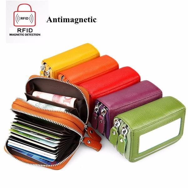 Genuine Leather RFID Double Zipper 11 Card Holder Coin Bag