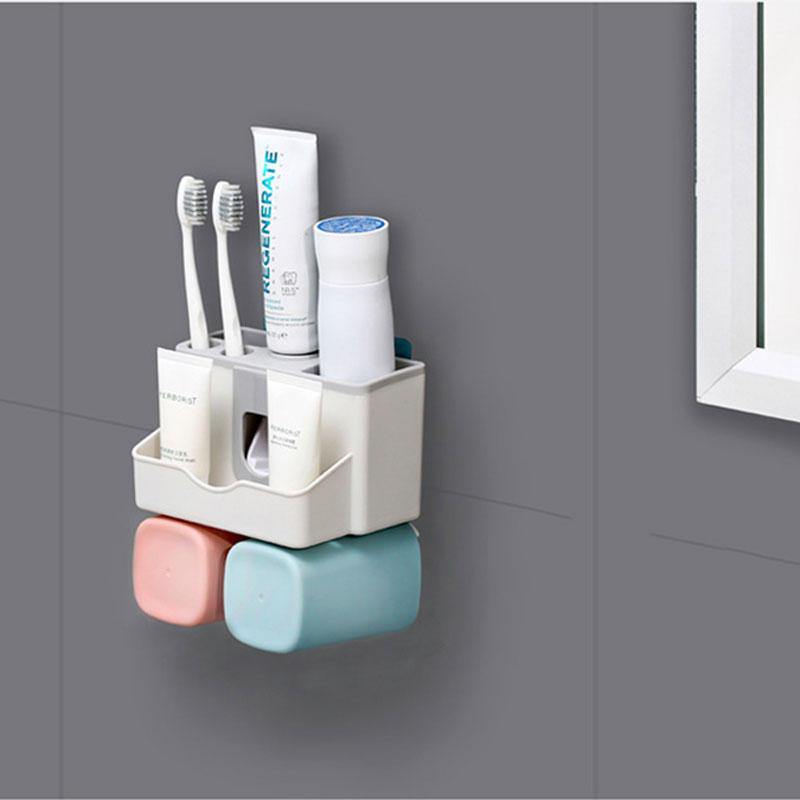 Juego de soportes para cepillos de dientes Suministros de almacenamiento Ahorre espacio Sin taladro Montaje en pared Dispensador de pasta de dientes Ranuras multifuncionales Baño Manija fuerte sin rastro 