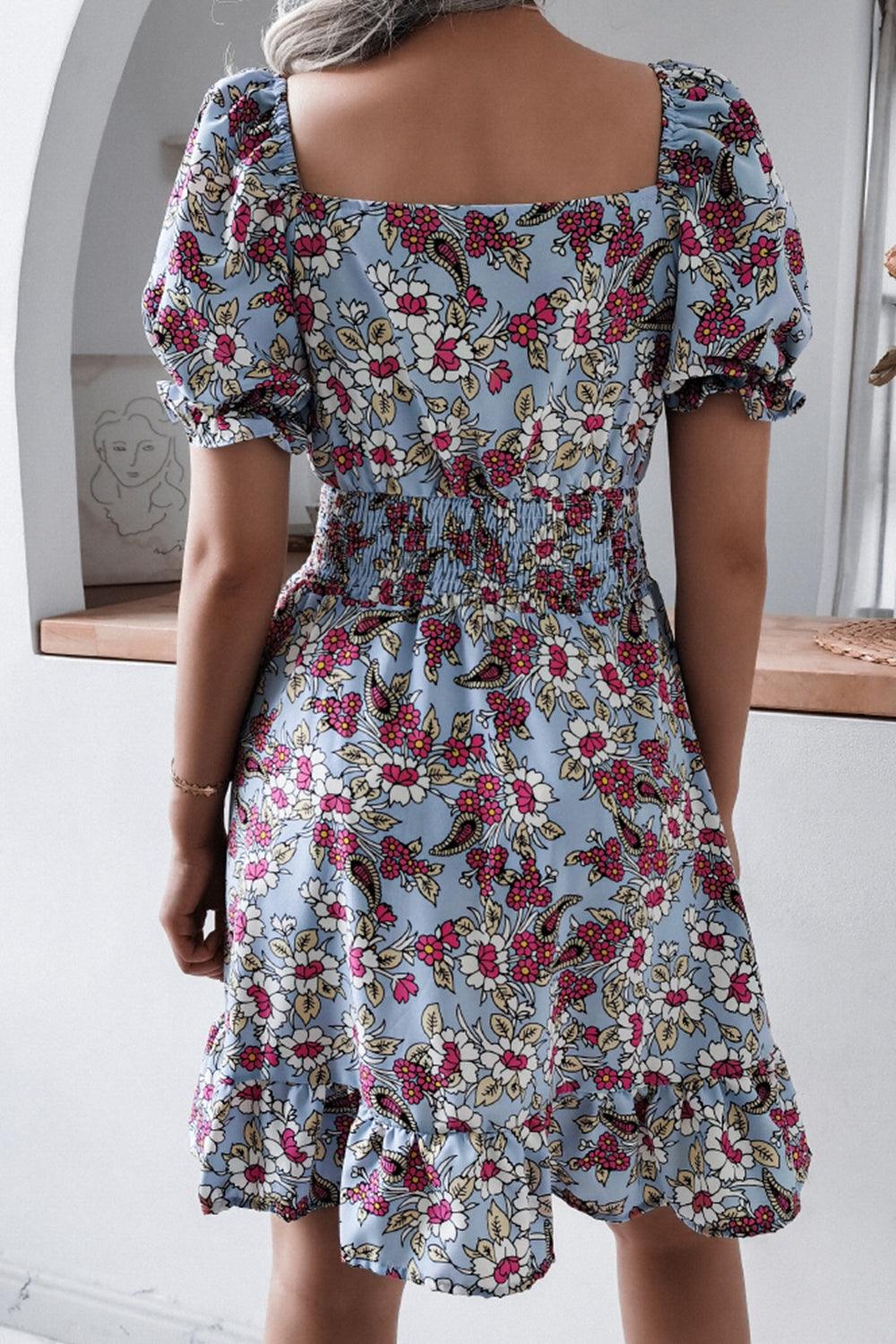 Floral Smocked Waist Puff Sleeve Dress